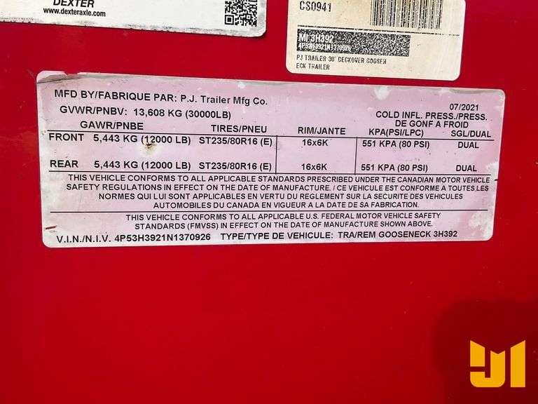 2022 PJ GOOSENECK 3H392 30' FLATBED TRAILER VIN: 4P53H3921N1370926