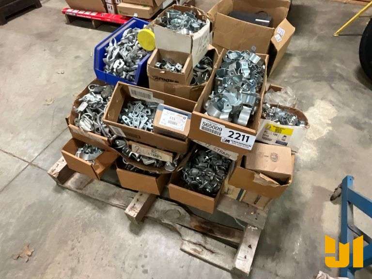 PALLET OF VARIOUS BRACKETS, CONDUIT CLAMPS, WIRE