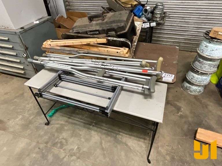 (2) SAW HORSES, BOSTITCH TOOL BOX, (2) TABLES