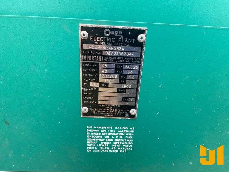 ONAN 45EM-4R/8583A 45 KW SKID MOUNTED GENERATOR SN: 0170156364
