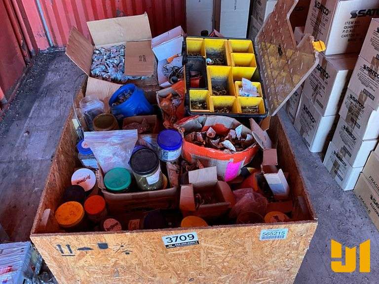 CRATE OF MISC SCREWS, BOLTS, NUTS, NAILS, AND OTHER HARDWARE