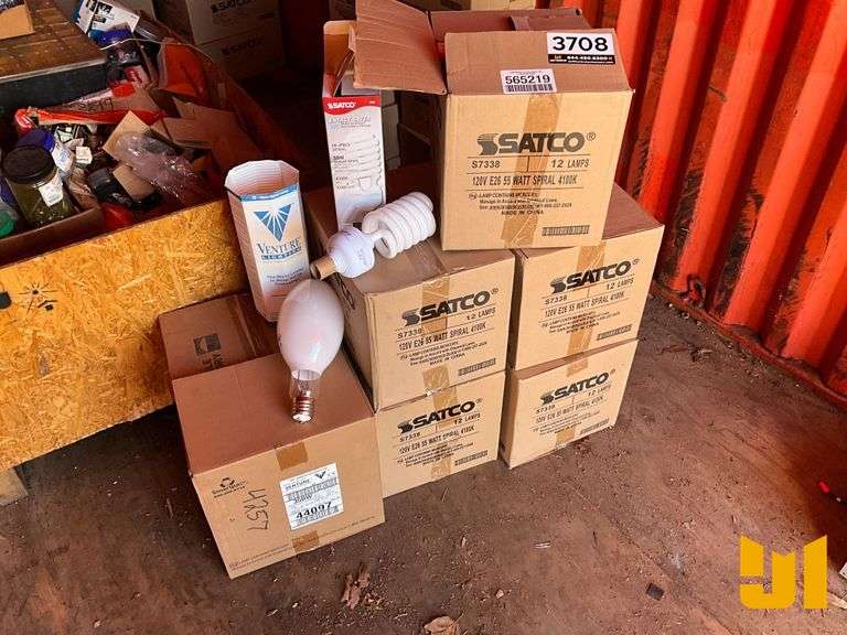 QTY (5) BOXES SATCO ENERGY SAVER HI-PRO SPIRAL LIGHT BULBS, 55W, BRIGHT WHITE, (1) BOX VENTURE LIGHT
