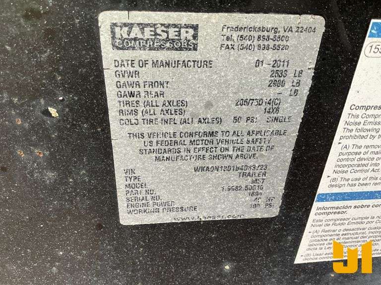 2011 KASER M57 185 CFM TRAILER MOUNTED AIR COMPRESSOR SN: WKA0N1FOK40X3Y33