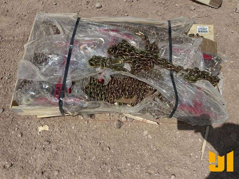 QTY OF 10 UNUSED 3/8 IN. 20 FT G80 CHAINS & QTY OF 5 UNUSED BINDERS