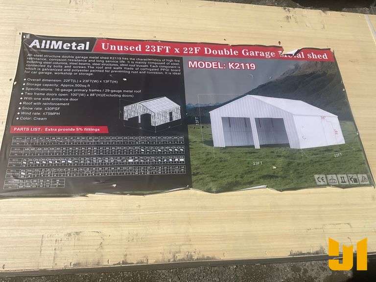 UNUSED 2024 ALLMETAL K2119 DOUBLE GARAGE METAL SHED
