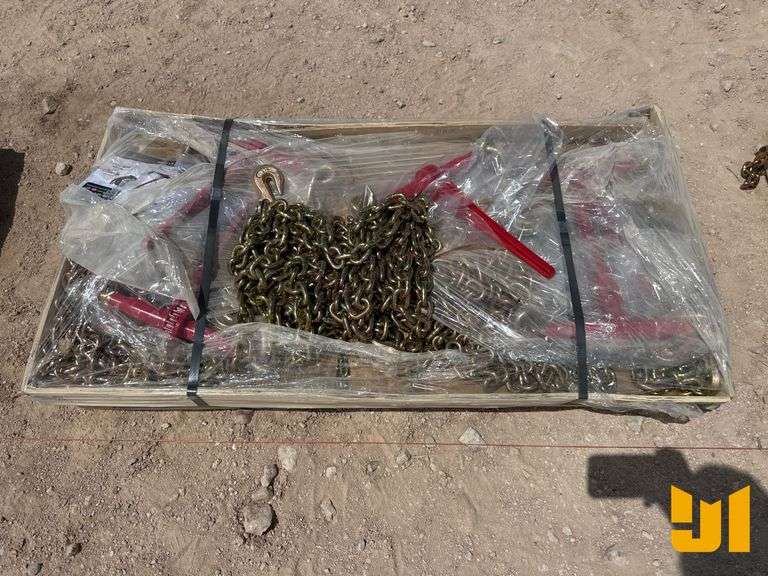 QTY OF 10 UNUSED 3/8 IN. 20 FT CHAINS & QTY OF 5 UNUSED BINDERS