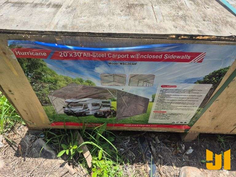 UNUSED HURRICANE MSC2030F 20 FT X 30 FT STEEL CARPORT W/ ENCLOSED SIDEWALLS