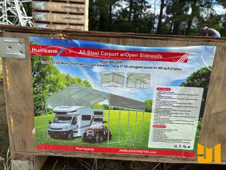 UNUSED HURRICANE MSC2020F 20 FT X 20 FT  STEEL CARPORT W/ OPEN SIDEWALLS