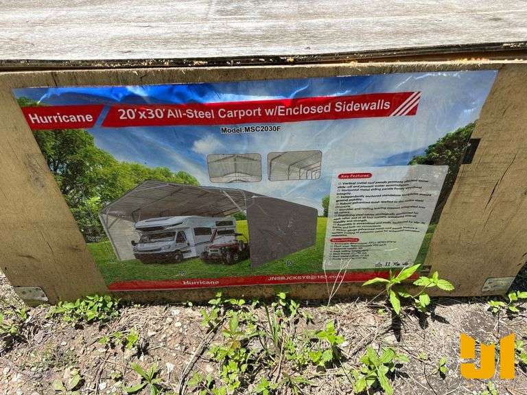 UNUSED HURRICANE MSC2030F 20 FT X 30 FT  STEEL CARPORT W/ ENCLOSED SIDEWALLS