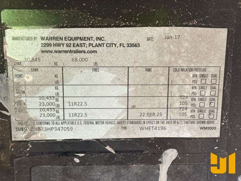 2017 WARREN EQUIPMENT, INC. WARREN EQUIPMENT, INC. T/A SANITATION PUSH OUT TRAILER VIN: 1W9AAXB23HP