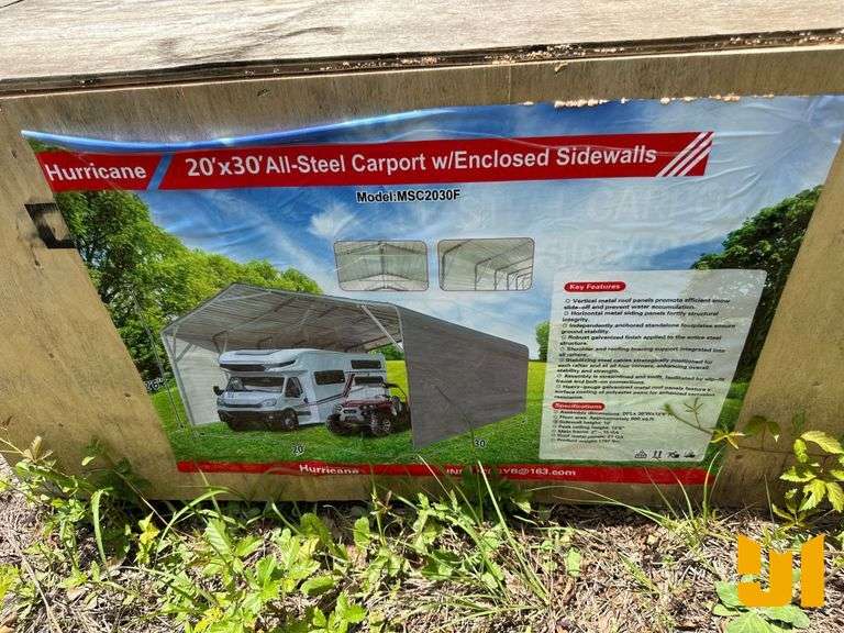 UNUSED HURRICANE MSC2030F 20 FT X 30 FT  STEEL CARPORT W/ ENCLOSED SIDEWALLS