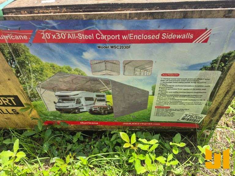 UNUSED HURRICANE MSC2030F 20 FT X 30 FT STEEL CARPORT W/ ENCLOSED SIDEWALLS