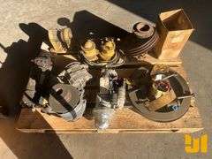 PALLET OF MISC PARTS INCLUDING FLYWHEEL, 2 STARTERS, 2 ALTERNATORS,