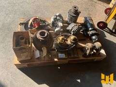 PALLET OF MISC PARTS INCLUDING FLYWHEEL, 2 STARTERS, 2 ALTERNATORS,