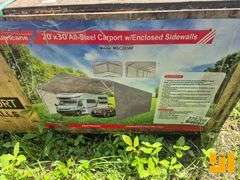 UNUSED HURRICANE MSC2030F 20 FT X 30 FT STEEL CARPORT W/ ENCLOSED SIDEWALLS