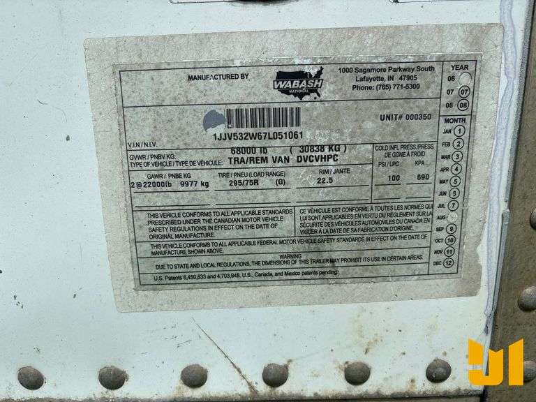 2007 WABASH NATIONAL CORPORATION 53'X102" VAN TRAILER VIN: 1JJV532W67L051061
