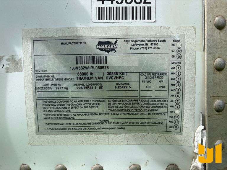 2007 WABASH NATIONAL CORPORATION 53'X102" VAN TRAILER VIN: 1JJV532W17L050528
