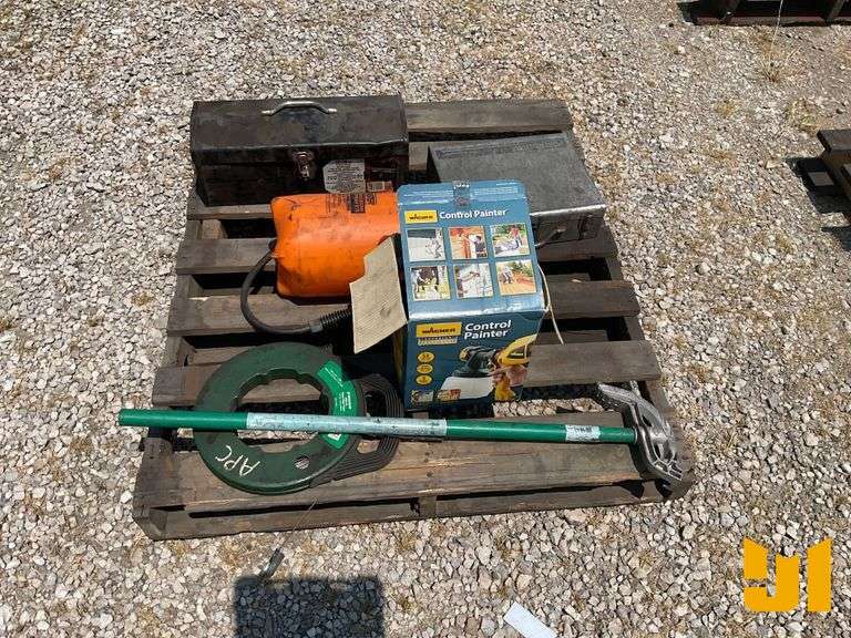PAINT GUN, STEEL FISH TAPE, POLY SPAYER AND 2 TOOL