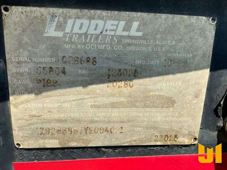 2000 LIDDELL L50D HYDRAULIC RGN LOWBOY TRAILER VIN: 1Z9266867YE094021