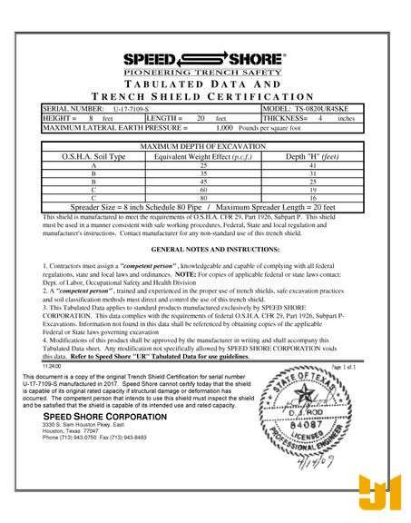 2017 SPEED SHORE TS-0820UR4SKE SN: U-17-7109-S TRENCH BOX, 8' HEIGHT,