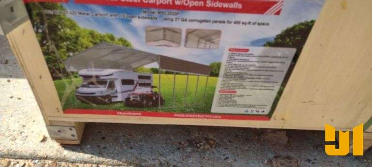 UNUSED HURRICANE 20' X 20' STEEL CARPORT W/ OPEN SIDEWALLS