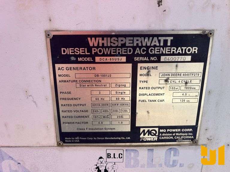 MULTIQUIP DCA-85USJ 60 KW TRAILER MOUNTED SN: 5892836