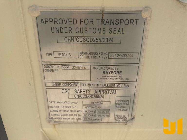 2024 RAYFORE 40' HIGH CUBE CONTAINER SN: HHXU3290396