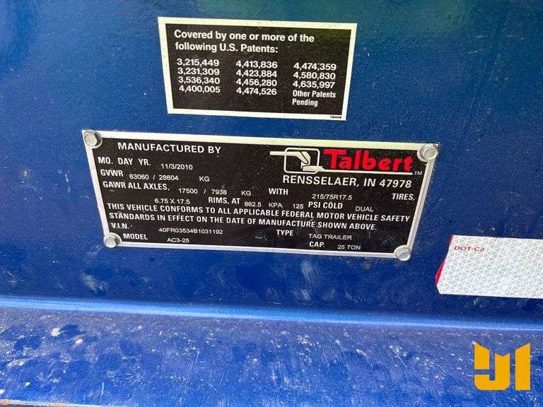 2011 TALBERT TALBERT TAG A LONG EQUIPMENT TRAILER 25 TON VIN: 40FR03534B1031192