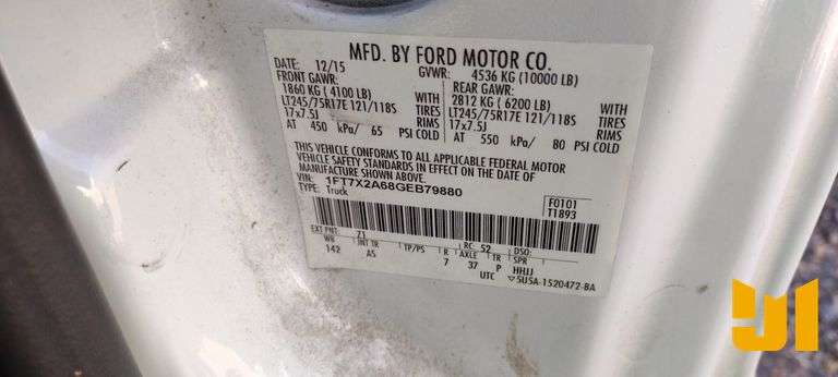 2016 FORD F-250XL SD EXTENDED CAB PICKUP  VIN: 1FT7X2A68GEB79880