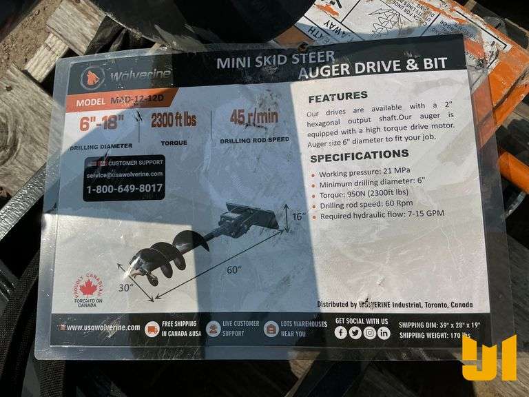 UNUSED 2025 WOLVERINE MAD-12-12D HYDRAULIC AUGER SN: ZW-01049