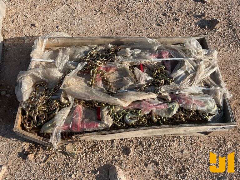 QTY OF 10 UNUSED 3/8 IN. 20 FT G80 CHAINS & QTY OF 5 UNUSED BINDERS