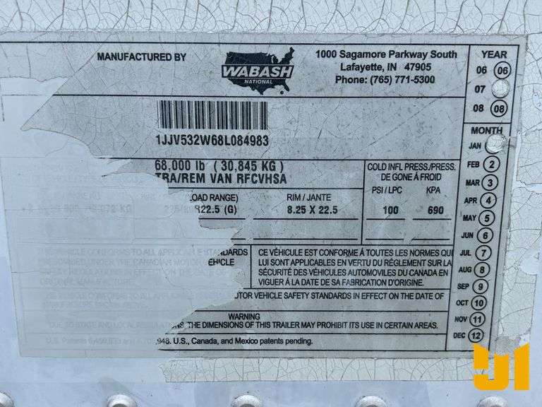 2008 WABASH 53'X102" REFRIGERATED VAN TRAILER VIN: 1JJV532W68L084983