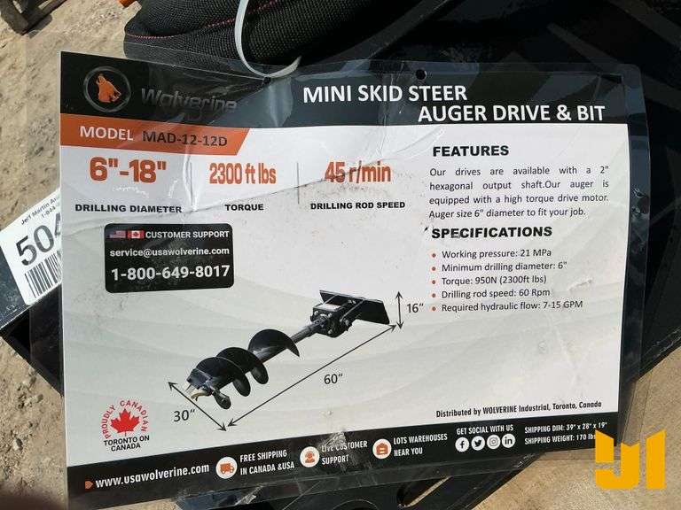UNUSED 2025 WOLVERINE MAD-12-12D HYDRAULIC AUGER SN: ZW-01245