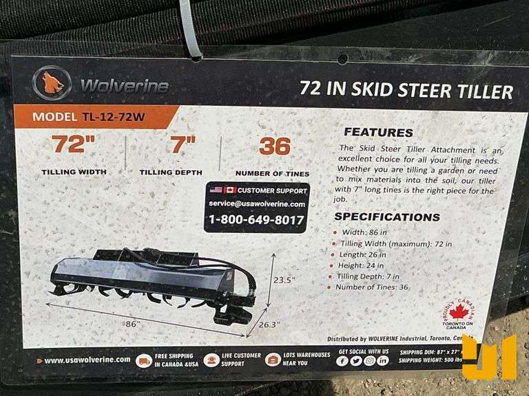 UNUSED 2025 WOLVERINE TL-12-72W 72 INCH ROTO TILLER SN: ZW-02222