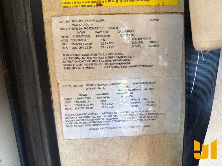 2009 ROADMASTER MONACO LA PALMA  VIN: 1RF3B346192049094 MOTORHOME
