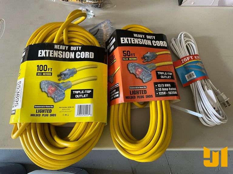 LOT OF (3) 110V POWER CORDS, (1) 100’ CORD WITH