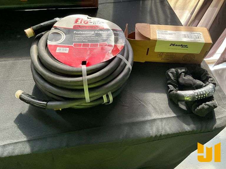 UNUSED QTY (2) 25 FT RUBBER AIR LINE, BIKE LOCK COMBINATION