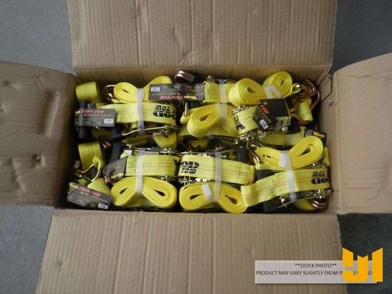 UNUSED QTY OF (20) WOOD TUFF TOW 1.5"X15' RATCHET TIE DOWN STRAPS