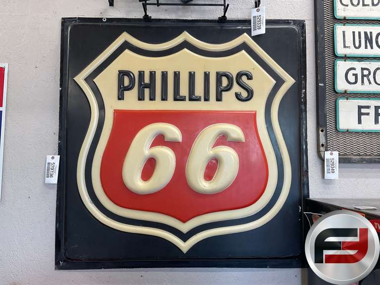 PHILLIPS 66 ARYLIC EMBOSSED SIGN, CRACK ON TOP RIGHT, 43”