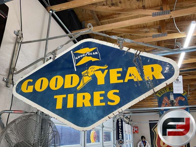 GOODYEAR TIRES DOUBLE SIDED PORCELAIN WITH ROD IRON WALL BRAKET,