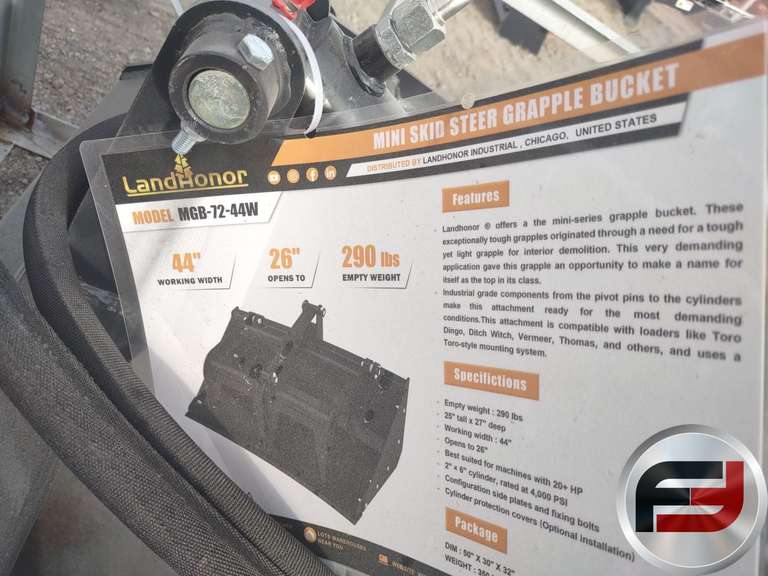 UNUSED 2025 LANDHONOR MGB-72-44W 44 INCH SINGLE CYLINDER GRAPPLE BUCKET