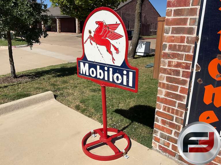 MOBILOIL PORCELAIN POST SIGN WITH STAND, DOUBLE SIDED, 37” X