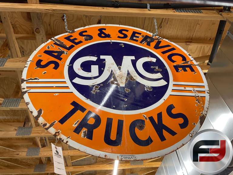 GMC TRUCKS SALES & SERVICE, ENAMEL DOUBLE SIDED, 42” DIAM.