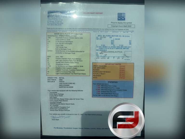 1987 FORD BRONCO VIN: 1FMDU15N9HLA67914