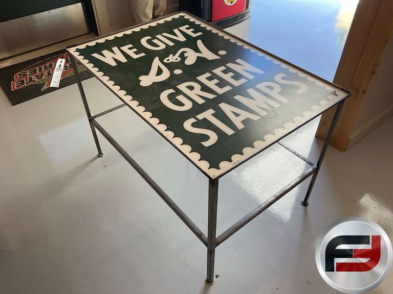 S&H METAL SIGN MADE INTO TABLE, CUSTOM METAL BASE, 36”