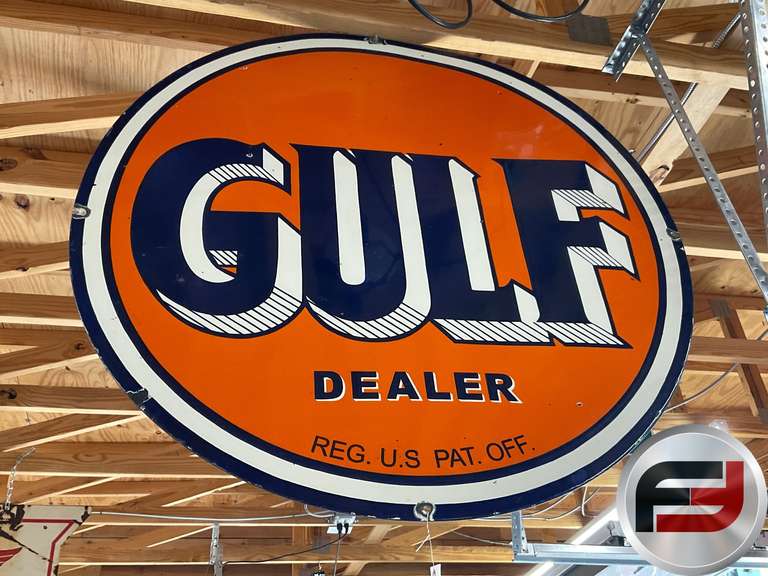 GULF DEALER PORCELAIN DOUBLE SIDED SIGN, 42” DIAM.