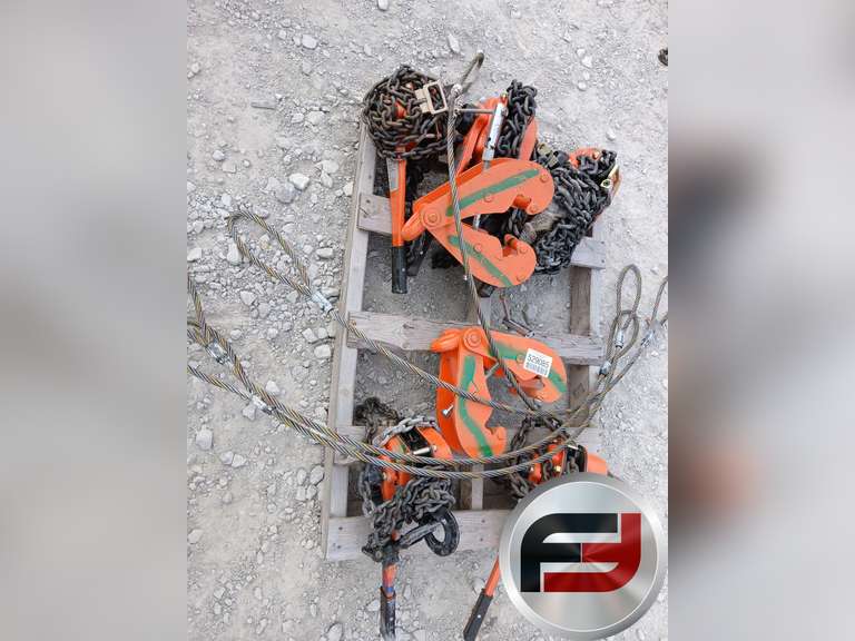 PALLET OF MICS CHAIN FALLS, IBEAM CLAMPS AND CABLE SLINGS