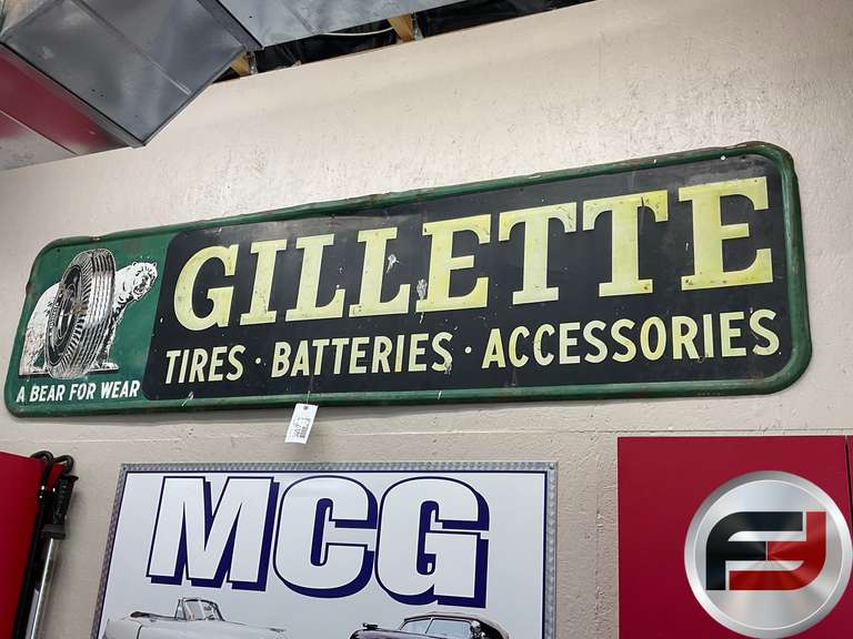 GILLETTE TIRES-BATTERIES-ACCESSORIES EMBOSSED METAL SIGN, 96” X 24”