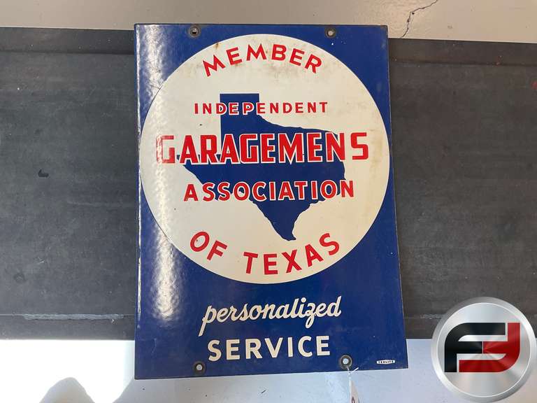 INDEPENDENT GARAGEMEN’S ASSOCIATION OF TEXAS MEMBER ENAMEL SIGN, DOUBLE SIDED,