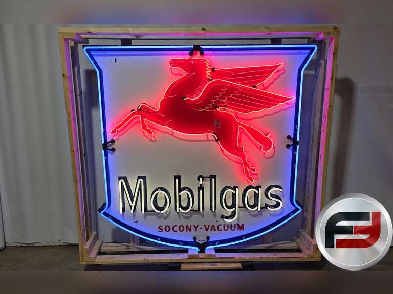 ORIGINAL MOBILGAS PORCELAIN NEON SIGN, 72" X 72", ANIMATED NEON,